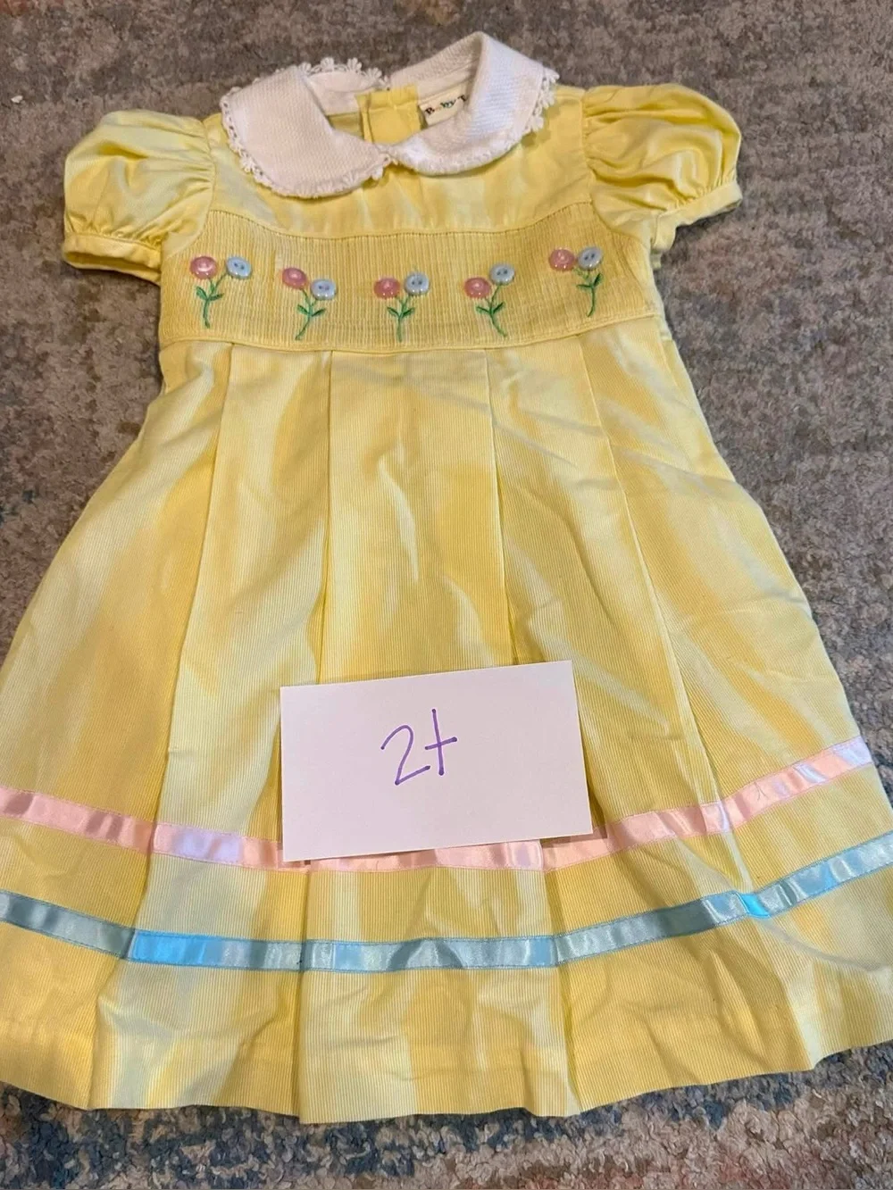 Yellow Floral Embroidered Pleated Kids Dress with Peter Pan Collar